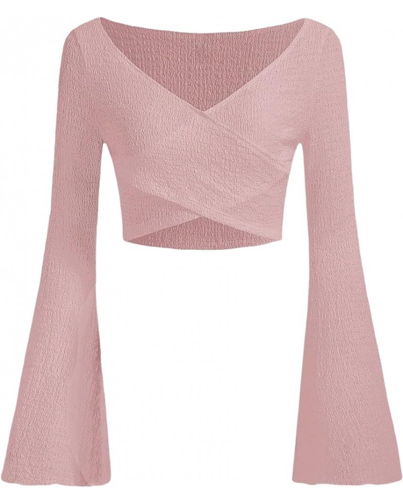 Women's Bell Sleeve Criss Cross Wrap V Neck Textured Crop Tee Top Light Pink $11.00 Tees