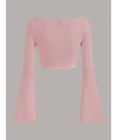 Women's Bell Sleeve Criss Cross Wrap V Neck Textured Crop Tee Top Light Pink $11.00 Tees