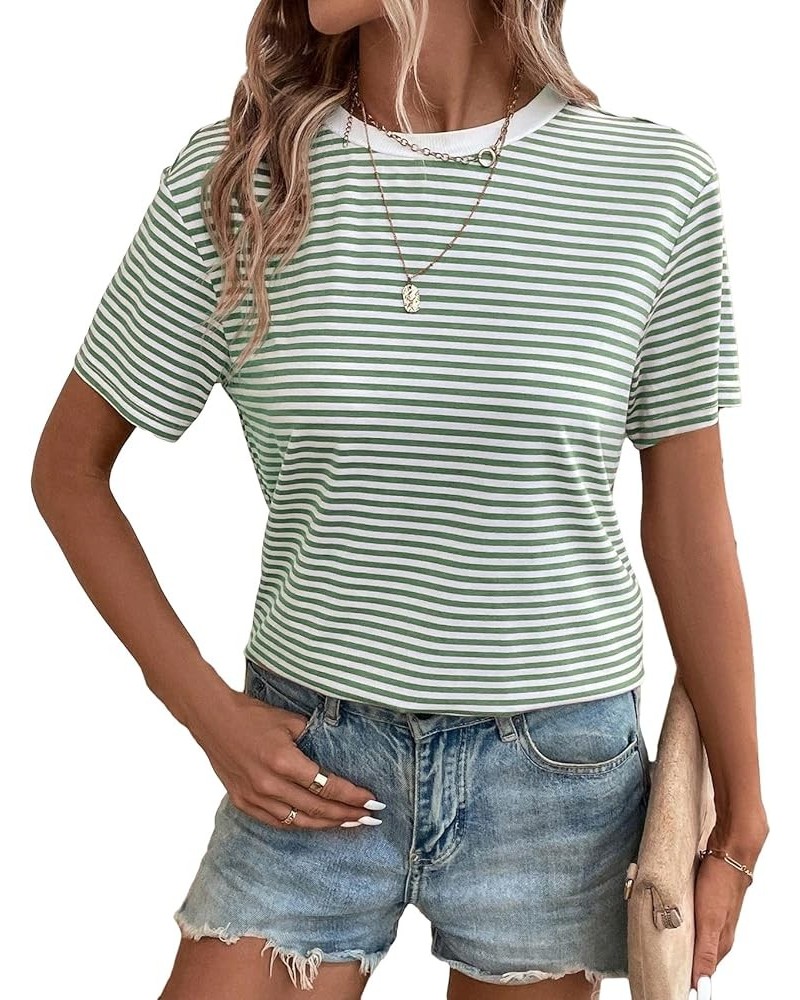 Women's Striped Print Short Sleeve Tee Loose Fit Round Neck T Shirt Green and White $11.99 Tees