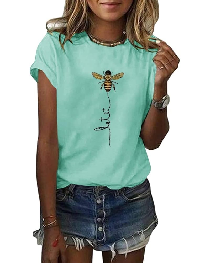 Womens Short Sleeve Let it Bee T Shirts Casual Graphic Cute Letter Printed Loose Tees Tops A-Grey A-sky Blue $9.87 Tees