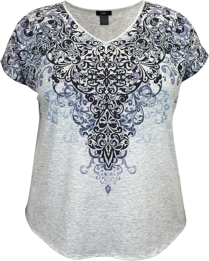 Women and Plus Size Dolman Short Sleeve Print Top (Small-5X) Navy Paisley / Lt. Heather Grey $7.96 Tees