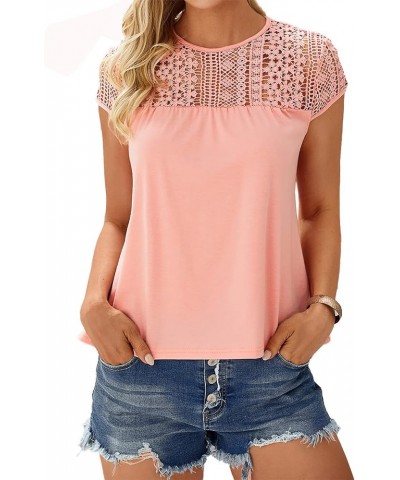 Women's Cap Sleeve Round Neck Summer Tops Loose Fit Lace T Shirts Blouses Pink $12.71 Tees