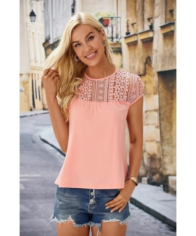 Women's Cap Sleeve Round Neck Summer Tops Loose Fit Lace T Shirts Blouses Pink $12.71 Tees