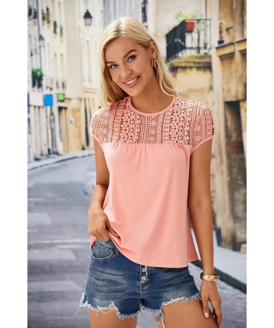 Women's Cap Sleeve Round Neck Summer Tops Loose Fit Lace T Shirts Blouses Pink $12.71 Tees