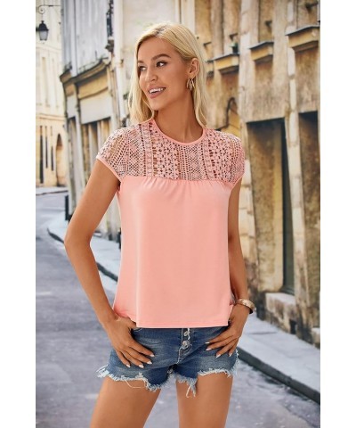 Women's Cap Sleeve Round Neck Summer Tops Loose Fit Lace T Shirts Blouses Pink $12.71 Tees