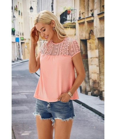 Women's Cap Sleeve Round Neck Summer Tops Loose Fit Lace T Shirts Blouses Pink $12.71 Tees