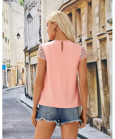 Women's Cap Sleeve Round Neck Summer Tops Loose Fit Lace T Shirts Blouses Pink $12.71 Tees