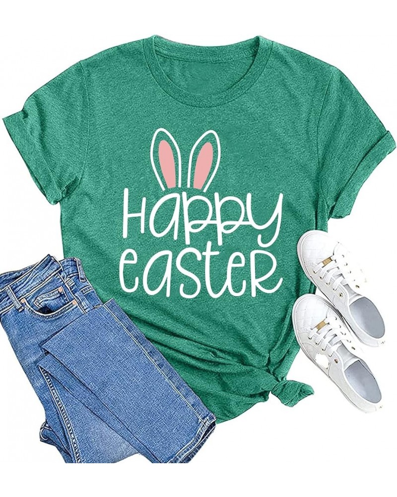 Happy Easter Shirts for Women Funny Rabbit Bunny Shirt Easter Short Sleeve Holiday Tee Tops Green $10.12 Tees