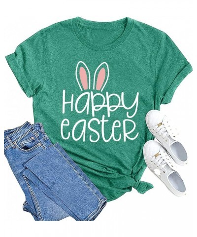 Happy Easter Shirts for Women Funny Rabbit Bunny Shirt Easter Short Sleeve Holiday Tee Tops Green $10.12 Tees