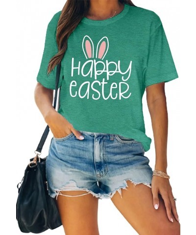 Happy Easter Shirts for Women Funny Rabbit Bunny Shirt Easter Short Sleeve Holiday Tee Tops Green $10.12 Tees