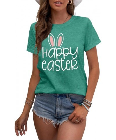 Happy Easter Shirts for Women Funny Rabbit Bunny Shirt Easter Short Sleeve Holiday Tee Tops Green $10.12 Tees