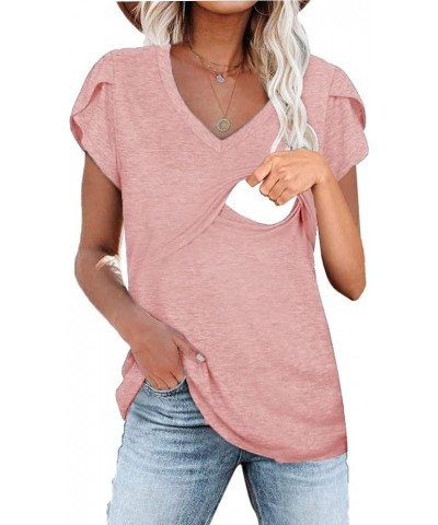 Women Nursing Petal Sleeve Tops V Neck Knitted T Shirts Pink $13.33 Tees