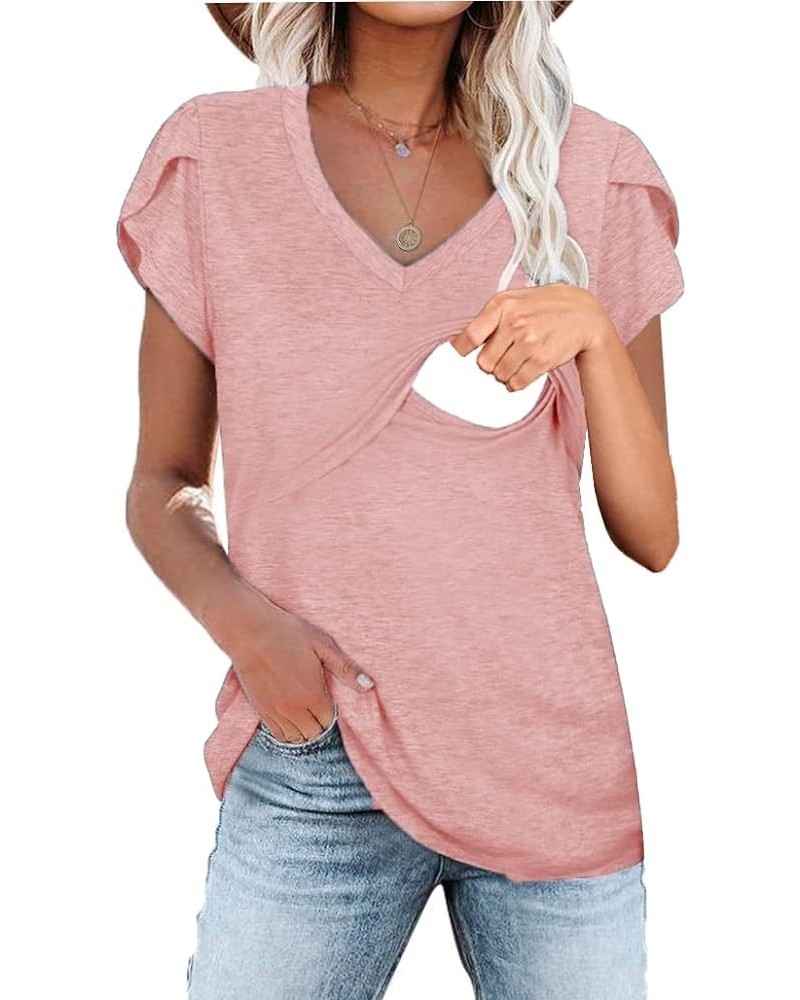 Women Nursing Petal Sleeve Tops V Neck Knitted T Shirts Pink $13.33 Tees