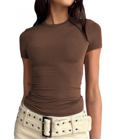 Women's Basic Short Sleeve Crop Top Shirts Casual Crew Neck Y2K T Shirts Tops Fitted Slim Fit Tshirts Brown $10.99 Tees