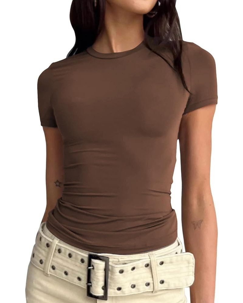 Women's Basic Short Sleeve Crop Top Shirts Casual Crew Neck Y2K T Shirts Tops Fitted Slim Fit Tshirts Brown $10.99 Tees