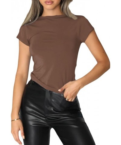 Women's Basic Short Sleeve Crop Top Shirts Casual Crew Neck Y2K T Shirts Tops Fitted Slim Fit Tshirts Brown $10.99 Tees