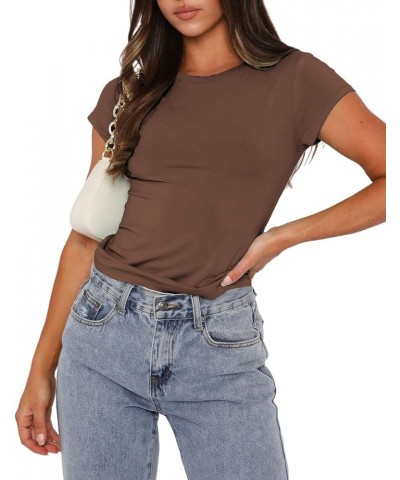 Women's Basic Short Sleeve Crop Top Shirts Casual Crew Neck Y2K T Shirts Tops Fitted Slim Fit Tshirts Brown $10.99 Tees