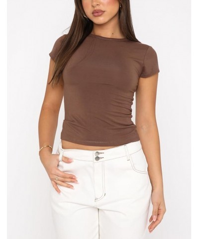 Women's Basic Short Sleeve Crop Top Shirts Casual Crew Neck Y2K T Shirts Tops Fitted Slim Fit Tshirts Brown $10.99 Tees