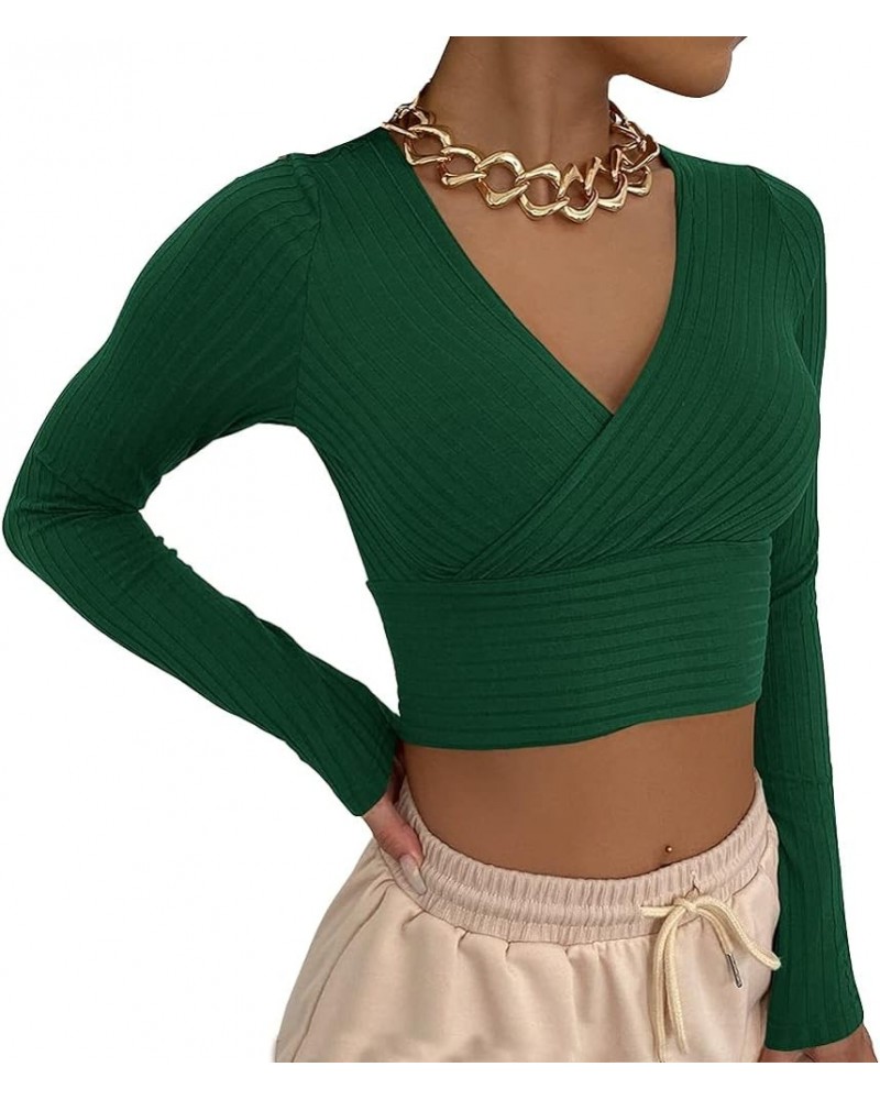 Women's Sexy Surplice V Neck Crop Tops Wrap Long Sleeve Ribbed Knit Fitness Basic Shirt Green $13.50 Tees