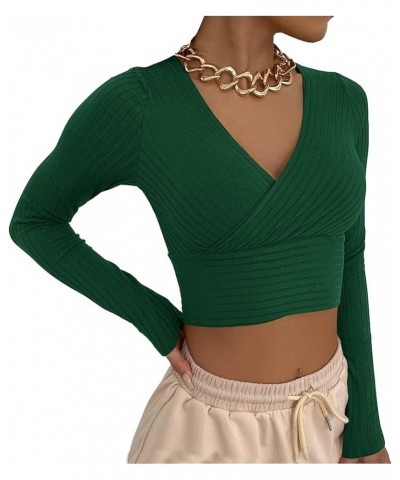 Women's Sexy Surplice V Neck Crop Tops Wrap Long Sleeve Ribbed Knit Fitness Basic Shirt Green $13.50 Tees