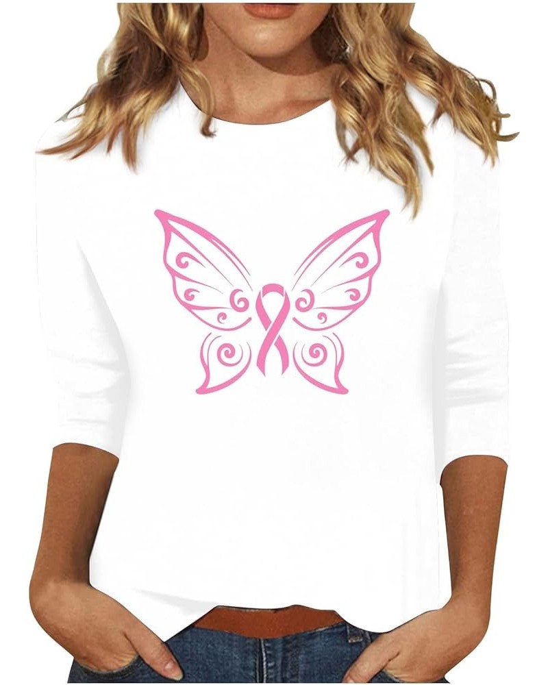 Pink Breast Cancer Shirts for Women Plus Size Pink Ribbon Butterfly 3/4 Sleeve T-Shirt Tops Warrior Fighting Breast White $5....