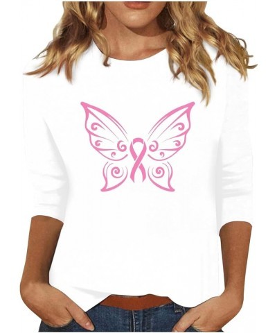 Pink Breast Cancer Shirts for Women Plus Size Pink Ribbon Butterfly 3/4 Sleeve T-Shirt Tops Warrior Fighting Breast White $5....