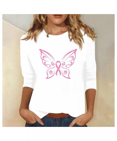 Pink Breast Cancer Shirts for Women Plus Size Pink Ribbon Butterfly 3/4 Sleeve T-Shirt Tops Warrior Fighting Breast White $5....