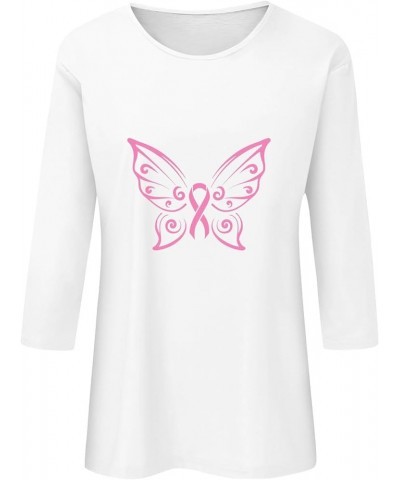 Pink Breast Cancer Shirts for Women Plus Size Pink Ribbon Butterfly 3/4 Sleeve T-Shirt Tops Warrior Fighting Breast White $5....