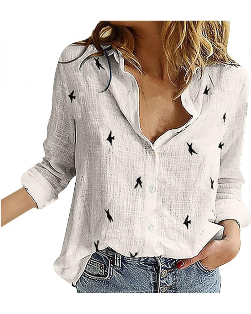 Cotton Linen Tops for Women Bird Graphic Tees Button Down Shirts Long Sleeve V-Neck T-Shirts Casual Loose Blouse 01white $7.8...