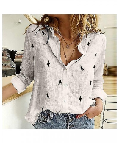 Cotton Linen Tops for Women Bird Graphic Tees Button Down Shirts Long Sleeve V-Neck T-Shirts Casual Loose Blouse 01white $7.8...