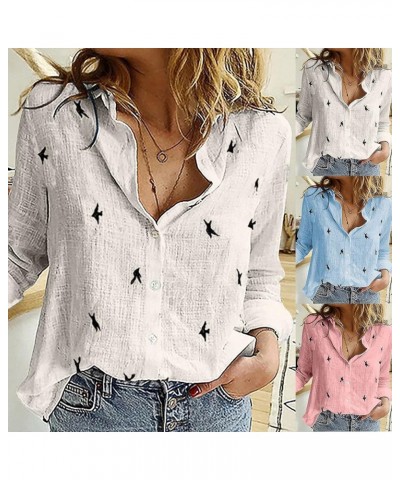 Cotton Linen Tops for Women Bird Graphic Tees Button Down Shirts Long Sleeve V-Neck T-Shirts Casual Loose Blouse 01white $7.8...