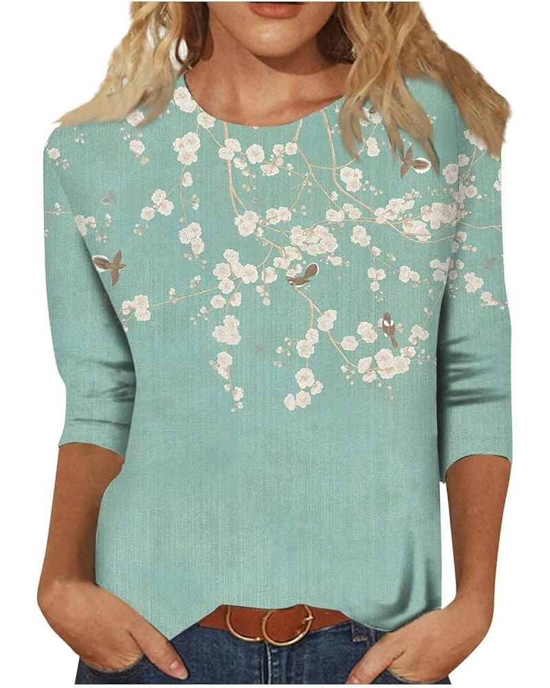 Womens Summer Tops Trendy 2023 Casual Short Sleeve T Shirt Floral Printed Cute Tops V Neck 3/4 Sleeve Shirts S717-cyan $11.28...