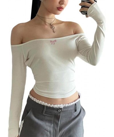 Y2k Skinny Off Shoulder Long Sleeve Shirts for Women Sexy Going Out Slim Crop Top Solid Streetwear Tees 08-aesthetics White $...