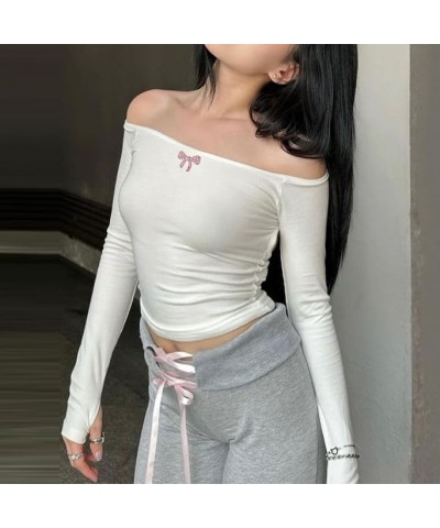 Y2k Skinny Off Shoulder Long Sleeve Shirts for Women Sexy Going Out Slim Crop Top Solid Streetwear Tees 08-aesthetics White $...