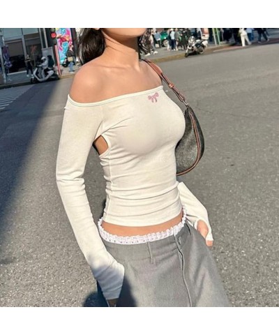 Y2k Skinny Off Shoulder Long Sleeve Shirts for Women Sexy Going Out Slim Crop Top Solid Streetwear Tees 08-aesthetics White $...