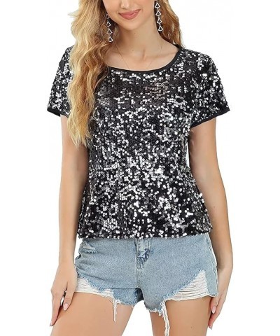 Women's Full Sequin Tops Sparkle Short Sleeve Shirt Glitter Party Club Tee Shirts Sparkle Blouse Black $17.05 Tees