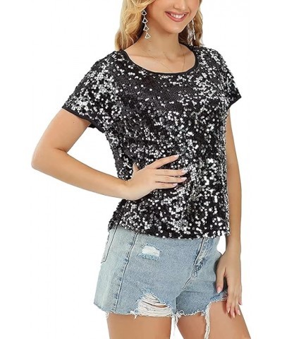 Women's Full Sequin Tops Sparkle Short Sleeve Shirt Glitter Party Club Tee Shirts Sparkle Blouse Black $17.05 Tees