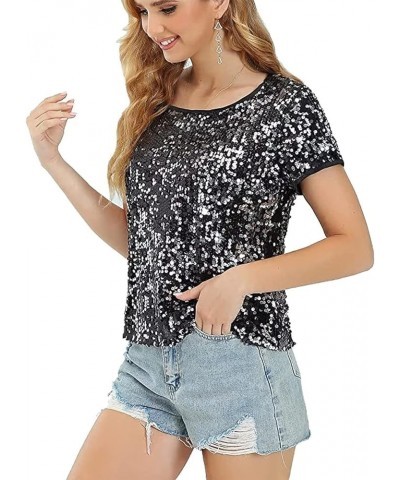 Women's Full Sequin Tops Sparkle Short Sleeve Shirt Glitter Party Club Tee Shirts Sparkle Blouse Black $17.05 Tees