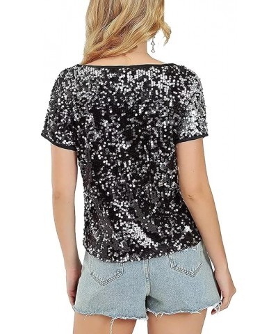 Women's Full Sequin Tops Sparkle Short Sleeve Shirt Glitter Party Club Tee Shirts Sparkle Blouse Black $17.05 Tees