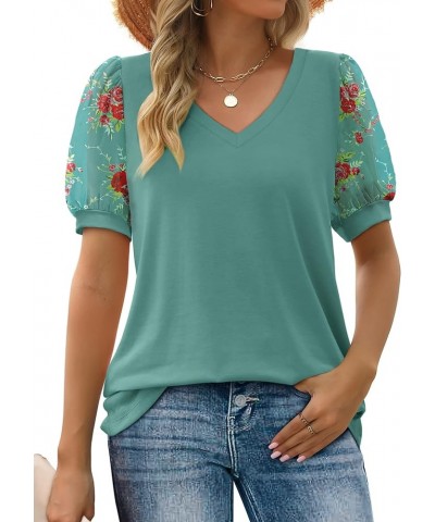 Womens Summer Tops V Neck T Shirts Swiss Dot Puff Sleeve Tops Loose Casual Tshirts C2-blue Floral $15.92 Tees