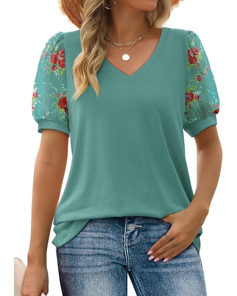 Womens Summer Tops V Neck T Shirts Swiss Dot Puff Sleeve Tops Loose Casual Tshirts C2-blue Floral $15.92 Tees