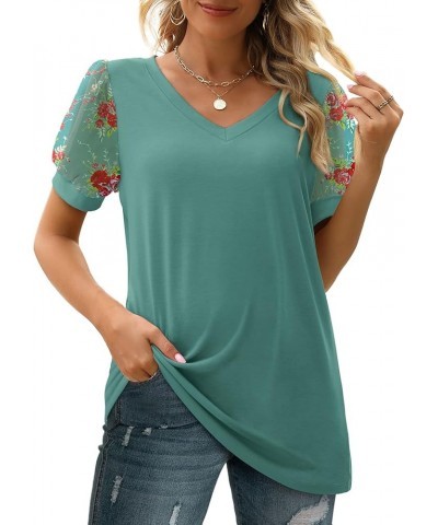 Womens Summer Tops V Neck T Shirts Swiss Dot Puff Sleeve Tops Loose Casual Tshirts C2-blue Floral $15.92 Tees