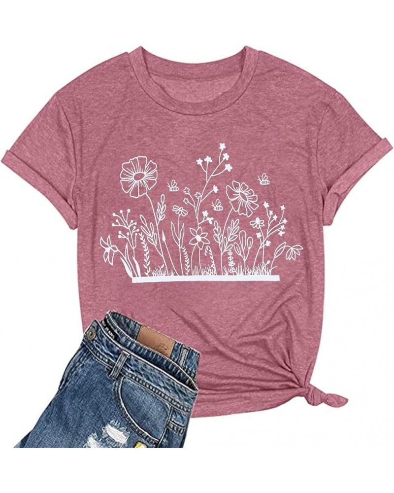 Wildflower Shirts for Women Floral Graphic Tees Summer Flower Print Casual Short Sleeve Tee Tops Plant Lover Tshirts Pink $10...