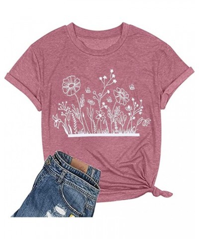 Wildflower Shirts for Women Floral Graphic Tees Summer Flower Print Casual Short Sleeve Tee Tops Plant Lover Tshirts Pink $10...