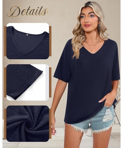 2 Pcs Women's Short Sleeve T Shirts Oversized Half Sleeve Tee Shirts V Neck Loose Tops Solid Casual Basic Shirts Navy Blue, W...