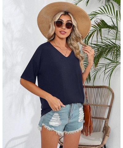 2 Pcs Women's Short Sleeve T Shirts Oversized Half Sleeve Tee Shirts V Neck Loose Tops Solid Casual Basic Shirts Navy Blue, W...