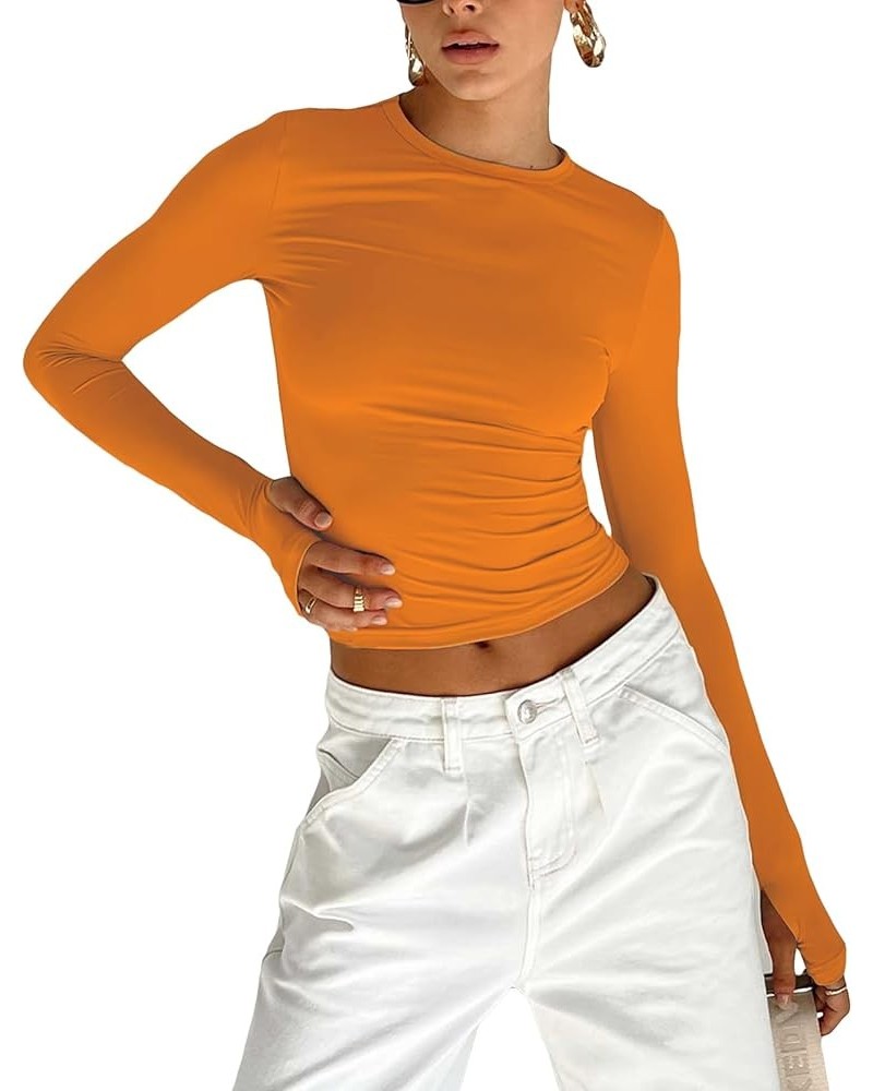 Women Y2k Skinny Long Sleeve Shirts Crewneck Slim Fitted Crop Top Solid Going Out Streetwear Tees 04-orange $9.87 Tees