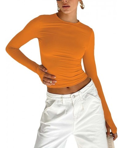 Women Y2k Skinny Long Sleeve Shirts Crewneck Slim Fitted Crop Top Solid Going Out Streetwear Tees 04-orange $9.87 Tees