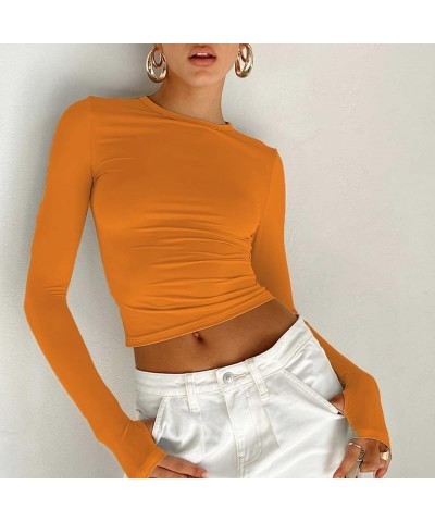 Women Y2k Skinny Long Sleeve Shirts Crewneck Slim Fitted Crop Top Solid Going Out Streetwear Tees 04-orange $9.87 Tees