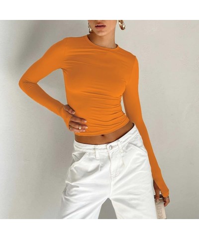 Women Y2k Skinny Long Sleeve Shirts Crewneck Slim Fitted Crop Top Solid Going Out Streetwear Tees 04-orange $9.87 Tees